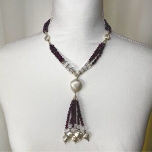 Garnet and Sterling Silver Beaded Tassel Necklace Handmade
